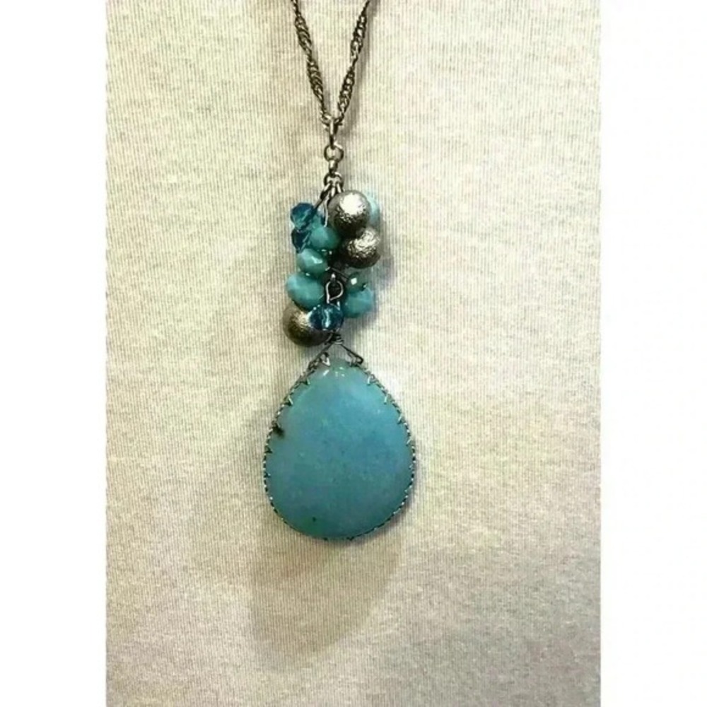 Statement Silver Tone Necklace Aqua Teal Stone? Pear Teardrop Pendant Rhinestone